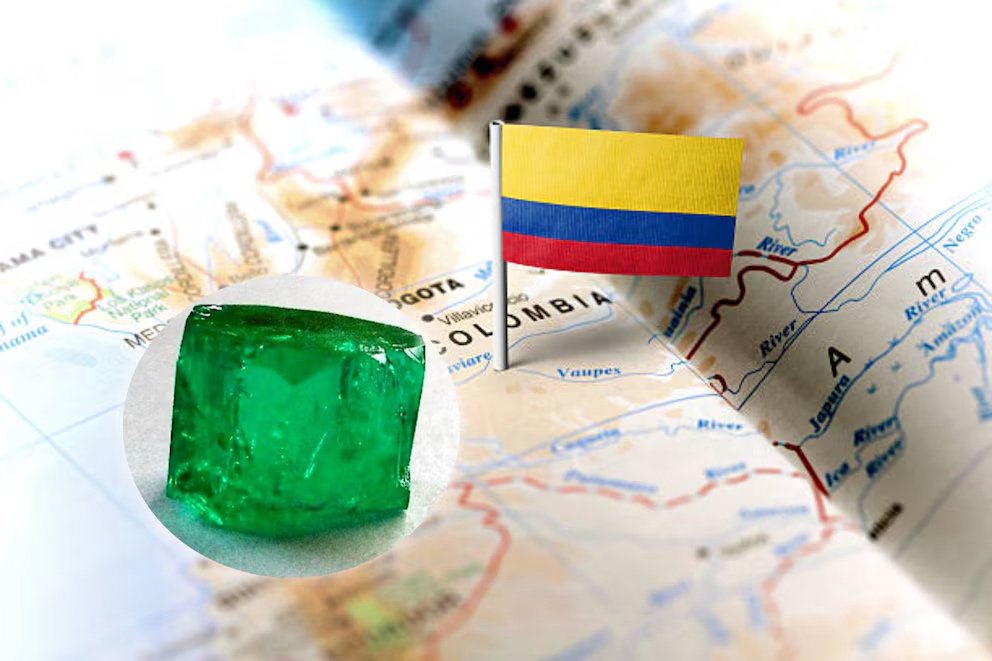 Una esmeralda sobre un mapa de Colombia