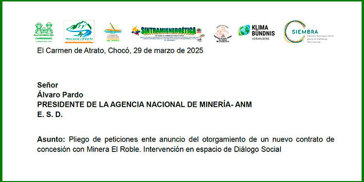 Carmen de Atrato: siete organizaciones piden incluir varios puntos en el nuevo contrato minero por 30 años con la multinacional de cobre